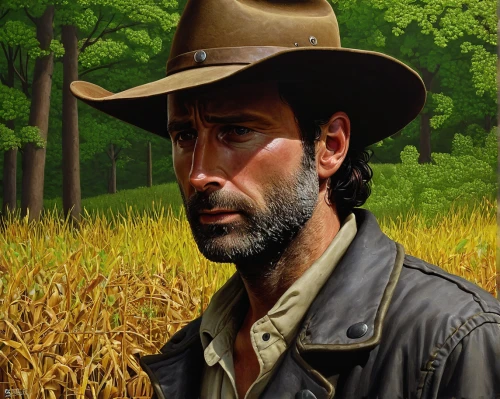 thewalkingdead,wheat ears,western,marsh,wheat ear,lincoln blackwood,farmer,farmer in the woods,merle black,drover,sheriff,field of cereals,walker,american frontier,lori,stubble field,forage corn,corn,cornfield,brown hat,Art,Artistic Painting,Artistic Painting 30