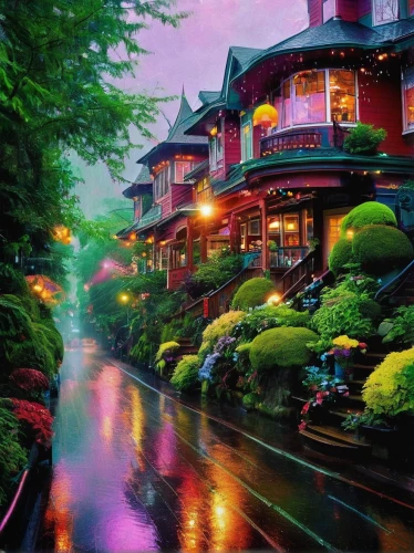 japan landscape,colorful city,beautiful japan,rainy,rainy day,neighborhood,portland,vancouver,after rain,vancouver island,after the rain,studio ghibli,seattle,splendid colors,wooden houses,japan garden,kyoto,home landscape,rainy season,evening atmosphere,Illustration,Realistic Fantasy,Realistic Fantasy 37