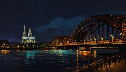 hohenzollern bridge,cologne panorama,cologne,cologne on the rhine,cologne cathedral,bridge new europe,danube bridge,cologne water,lotte world tower,magdeburg,frankfurt,frankfurt am main germany,world digital painting,night scene,duisburg,city at night,regensburg,wuppertal,leipzig,sydney bridge,Conceptual Art,Oil color,Oil Color 12