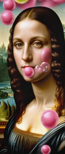 girl with cereal bowl,woman eating apple,the mona lisa,woman with ice-cream,mona lisa,woman holding pie,cosmetic brush,surrealism,bubble gum,woman thinking,candy crush,stylized macaron,painting easter egg,cd cover,surrealistic,bonbon,confection,liquorice allsorts,meticulous painting,macaroon