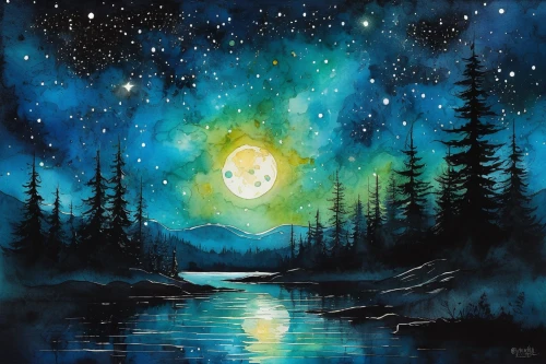 moon and star background,starry night,moonlit night,blue moon,starry sky,celestial bodies,night scene,the moon and the stars,hanging moon,the night sky,moonrise,stars and moon,moonbeam,boreal,northernlight,moonlit,northen light,art painting,night stars,moon and star,Illustration,Paper based,Paper Based 18