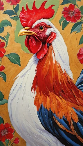 phoenix rooster,vintage rooster,rooster,portrait of a hen,rooster head,bird painting,cockerel,roosters,ornamental bird,red bird,rooster in the basket,an ornamental bird,red beak,redcock,red cardinal,fabric painting,khokhloma painting,prince of wales feathers,red hen,detail shot,Illustration,Retro,Retro 20