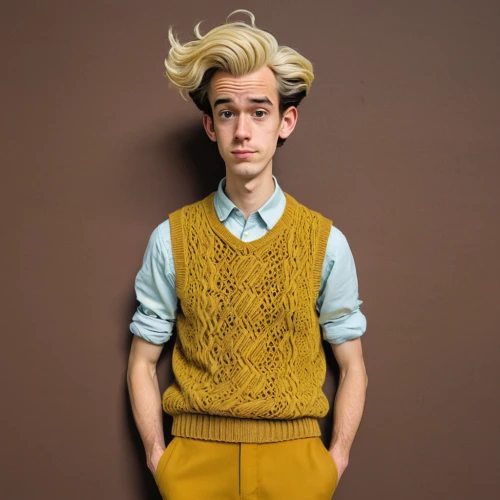 sweater vest,a wax dummy,newt,male elf,knitwear,geppetto,male model,vintage boy,blond hair,blond,austin cambridge,bellboy,twelve,hipster,jiminy cricket,codes,yellow brown,link,david-lily,lucus burns,Illustration,American Style,American Style 15