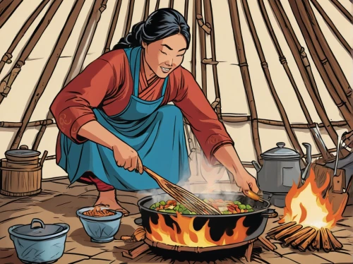 cooking pot,portable stove,chief cook,outdoor cooking,bannock,nomadic people,indian tent,cookery,mongolian tugrik,red cooking,dwarf cookin,iron age hut,cherokee,utonagan,mongolian barbecue,traditional food,tipi,pocahontas,yurts,dutch oven,Illustration,American Style,American Style 13