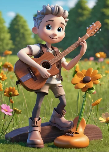 cartoon flowers,cute cartoon character,agnes,clay animation,clove-clove,clove garden,david-lily,miguel of coco,flowers png,wood daisy background,cute cartoon image,animated cartoon,banjo uke,musician,guitar player,picking flowers,banjo bolt,flowers in wheel barrel,flower background,clove,Unique,3D,3D Character
