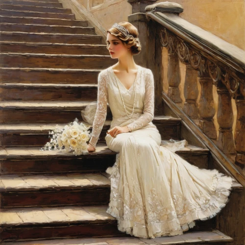 girl on the stairs,debutante,bridal,romantic portrait,wedding gown,girl in a long dress,wedding dress,evening dress,victorian lady,wedding dresses,bridal dress,accolade,white lady,elegance,oil painting,diadem,girl in a historic way,marguerite,flower girl,bridal clothing,Art,Classical Oil Painting,Classical Oil Painting 32