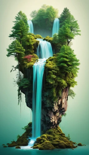 green waterfall,a small waterfall,waterfall,wasserfall,water fall,waterfalls,world digital painting,brown waterfall,landscape background,water falls,floating island,green trees with water,floating islands,falls,fantasy landscape,tower fall,nature landscape,island suspended,isolated tree,mushroom landscape,Photography,Artistic Photography,Artistic Photography 05