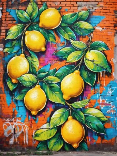 mural,citrus fruits,lemon tree,citrus fruit,orange yellow fruit,fruit pattern,wall painting,fruits plants,citrus food,organic fruits,passion-fruit,fruit tree,yellow fruit,tropical fruits,citron,fruit market,fruit icons,integrated fruit,painted block wall,yellow plums,Conceptual Art,Graffiti Art,Graffiti Art 07