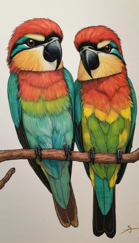 parrot couple,couple macaw,bird couple,colorful birds,bird painting,bee eater,golden parakeets,passerine parrots,macaws,tropical birds,birds on a branch,european bee eater,hummingbirds,couple boy and girl owl,bird robins,parrots,lovebird,perched birds,songbirds,parakeets,Illustration,Paper based,Paper Based 16