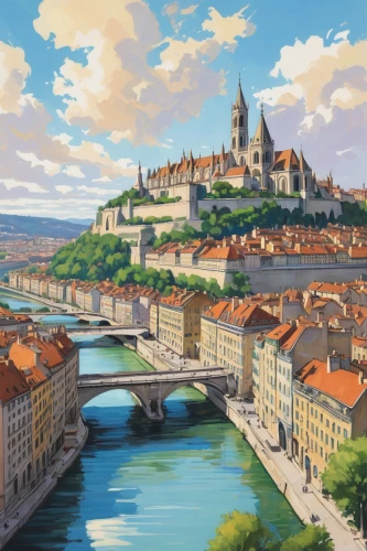 french digital background,lyon,regensburg,world digital painting,europe,grand bleu de gascogne,france,river seine,bridge new europe,muenster,bamberg,czechia,panoramic landscape,bern,city panorama,new castle,prague castle,new-ulm,cityscape,vienne,Conceptual Art,Fantasy,Fantasy 08