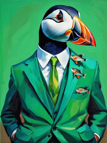 puffin,businessman,tux,tucano-toco,green bird,albatross,bird painting,businessperson,flight attendant,black skimmer,green jacket,perico,patrol,mallard,suit of spades,avian,white-collar worker,seabird,orange beak,sharp beak,Conceptual Art,Daily,Daily 21