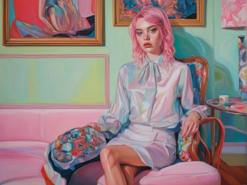 pink chair,woman sitting,girl with cereal bowl,oil on canvas,portrait of a girl,girl sitting,pastels,pastel colors,soft pastel,woman on bed,girl in a long,self-portrait,young woman,pastel,girl in cloth,meticulous painting,art,girl-in-pop-art,artist portrait,oil painting on canvas,Conceptual Art,Daily,Daily 15
