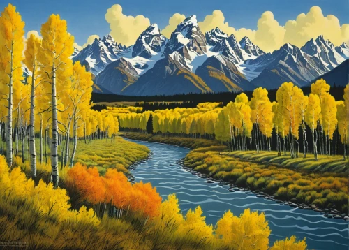 autumn mountains,teton,salt meadow landscape,fall landscape,autumn landscape,mountain scene,aspen,grand teton,mountainous landscape,mountain landscape,river landscape,denali,american aspen,painting technique,yellow mountains,larch trees,mountain range,grand tetons,patagonia,mountain river,Illustration,Black and White,Black and White 22