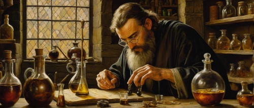 apothecary,candlemaker,benedictine,potions,alchemy,watchmaker,chemist,twelve apostle,the abbot of olib,shoemaker,clockmaker,tinsmith,meticulous painting,oils,examining,monks,creating perfume,theoretician physician,metalsmith,benediction of god the father,Illustration,Retro,Retro 06
