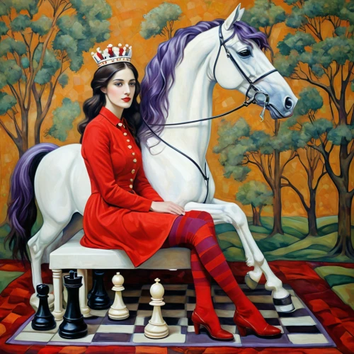 queen of hearts,chess player,chessboard,carousel horse,equestrian,miss circassian,chessboards,chess,horseback,rocking horse,play chess,chess game,chess board,equestrianism,vertical chess,horse riders,horse-rocking chair,jockey,chess piece,oil painting on canvas,Illustration,Realistic Fantasy,Realistic Fantasy 03