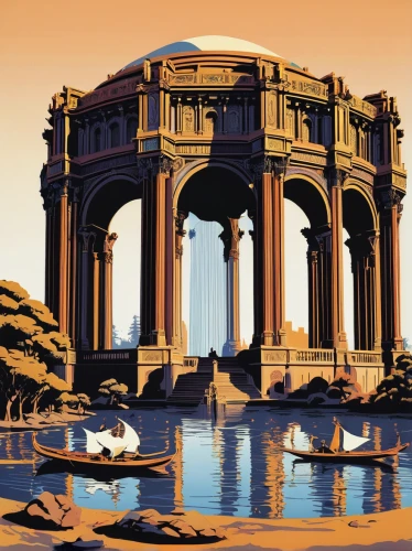 travel poster,golden gate,neoclassical,reflecting pool,ancient civilization,the ancient world,caesars palace,egyptian temple,neoclassic,marble palace,acropolis,classical antiquity,san francisco,ancient greek temple,vittoriano,ancient city,background image,tide pool,doric columns,goldengatebridge,Illustration,Black and White,Black and White 21