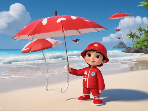 umbrella beach,summer umbrella,beach umbrella,lifeguard,cute cartoon image,little girl with umbrella,cute cartoon character,playmobil,life guard,red summer,umbrella,digital compositing,lifebuoy,lilo,santa claus at beach,beach background,summer beach umbrellas,dream beach,cg artwork,cinema 4d,Unique,3D,3D Character