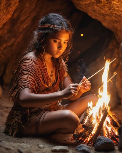 fire artist,shamanism,girl studying,aborigine,shamanic,mystical portrait of a girl,aboriginal culture,cave girl,prehistoric art,nomadic children,girl praying,indigenous culture,neolithic,indian girl,cherokee,indian woman,ancient people,drawing with light,girl drawing,campfire,Photography,General,Commercial