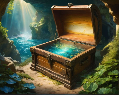 treasure chest,music chest,wishing well,cube sea,fishing float,pirate treasure,druid stone,fantasy picture,underwater oasis,aquarium,card box,treasure hunt,a drawer,game illustration,cube background,attache case,aquariums,treasure,coffins,cave on the water,Conceptual Art,Fantasy,Fantasy 05