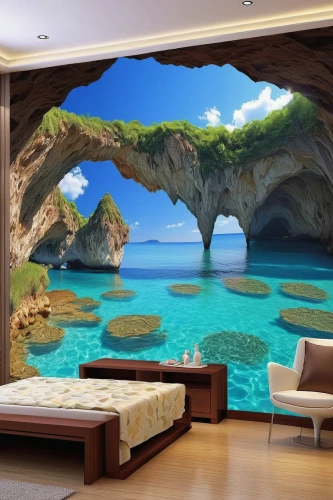 projection screen,aquarium decor,wall decoration,cave on the water,great room,cliffs ocean,wall decor,sea cave,dream beach,flat panel display,modern decor,3d background,interior decoration,ocean paradise,panoramic landscape,tropical house,beach landscape,interior design,wall art,tropical island,Conceptual Art,Daily,Daily 27