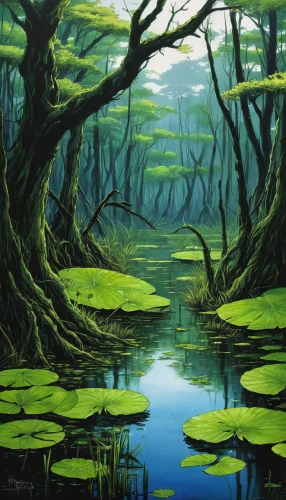 swampy landscape,swamp,wetland,freshwater marsh,wetlands,tidal marsh,swamp iris,bayou,mangroves,eastern mangroves,brook landscape,aquatic plants,marsh,backwater,alligator lake,riparian forest,everglades,river landscape,japan landscape,green landscape,Illustration,Japanese style,Japanese Style 18