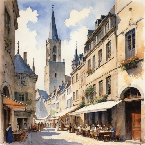 watercolor paris,metz,watercolor paris shops,amboise,rouen,aix-en-provence,reims,arles,watercolor paris balcony,medieval street,watercolor shops,st-denis,bordeaux,watercolor,mont st michel,watercolor cafe,aachen,new-ulm,hamelin,france,Illustration,Paper based,Paper Based 23