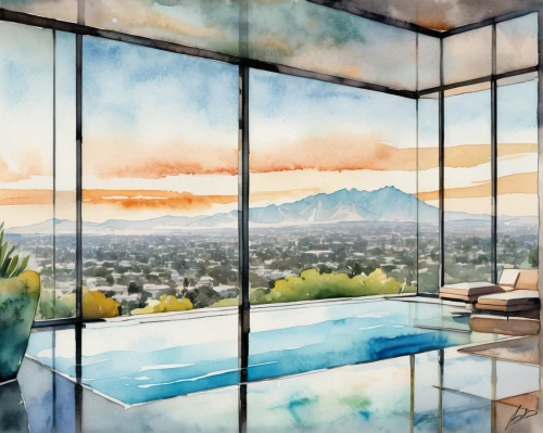 luxury bathroom,palm springs,watercolor background,sky apartment,glass wall,roof top pool,mid century modern,luxury real estate,luxury property,luxury suite,roof landscape,bedroom window,suites,watercolor,home landscape,glass window,penthouse apartment,matruschka,window view,bathtub,Illustration,Paper based,Paper Based 25
