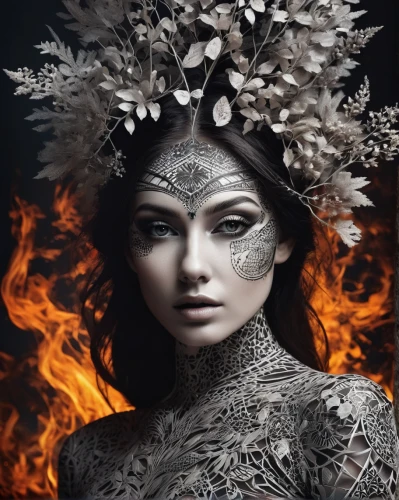 venetian mask,the enchantress,masquerade,headdress,fire dancer,shamanic,sorceress,masque,fire siren,flame spirit,fire angel,headpiece,the carnival of venice,fantasy portrait,fire-eater,ashes,fantasy art,faery,priestess,fire artist