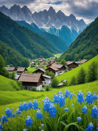 alpine pastures,alpine village,japanese alps,the valley of flowers,mountain village,alpine region,south tyrol,landscape mountains alps,mountainous landscape,mountain huts,alpine meadow,southeast switzerland,bavarian swabia,eastern switzerland,the alps,dolomites,bernese alps,east tyrol,alps,canton of glarus,Illustration,Abstract Fantasy,Abstract Fantasy 17