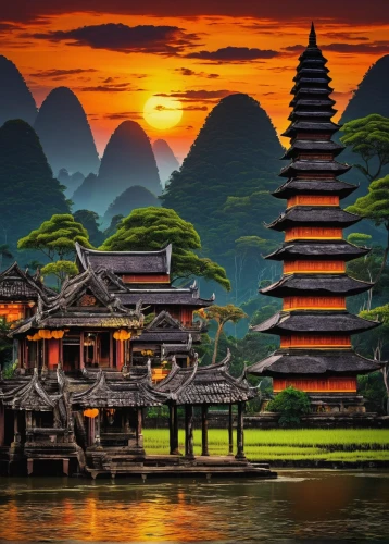 asian architecture,chinese architecture,japan landscape,guilin,chinese temple,southeast asia,japanese architecture,oriental,beautiful japan,thai temple,buddhist temple complex thailand,vietnam,south korea,chinese art,buddhist temple,suzhou,oriental painting,taiwan,ancient city,indonesia,Illustration,Realistic Fantasy,Realistic Fantasy 25