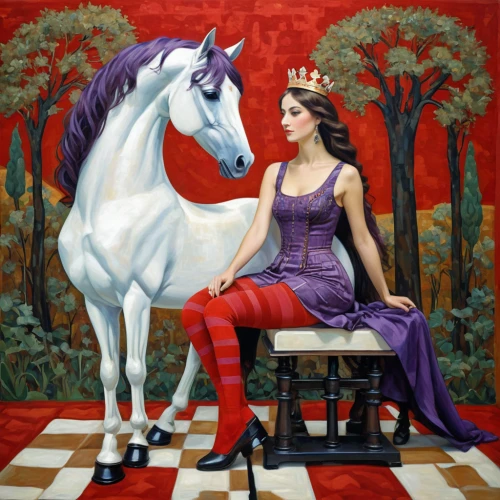 carousel horse,equestrian,queen of hearts,dressage,arabian horse,equestrianism,horsemanship,horseback,unicorn art,horse trainer,equitation,painted horse,chessboard,horse riders,riding lessons,chess player,equine,fantasy art,a white horse,la violetta,Illustration,Realistic Fantasy,Realistic Fantasy 03