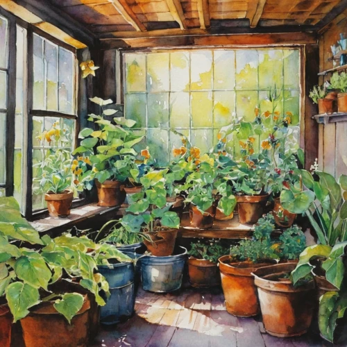 watercolor tea shop,greenhouse,watercolor cafe,plants in pots,house plants,balcony garden,potted plants,watercolor painting,indoor,conservatory,watercolor background,watercolor shops,green plants,plants,golden pot,garden pot,kitchen garden,watercolor,windowsill,winter garden,Illustration,Paper based,Paper Based 12