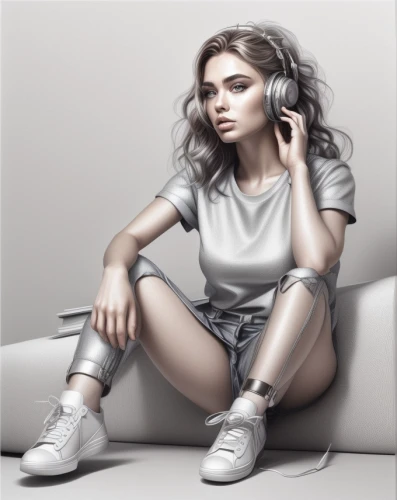 silver,digital painting,girl sitting,fashion vector,vector art,world digital painting,vector illustration,puma,spotify icon,digital art,grey,chainlink,grey background,digital drawing,digital artwork,girl drawing,silvery,woman sitting,sitting,headphones