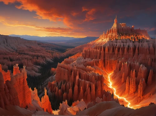 bryce canyon,hoodoos,flaming mountains,fire mountain,fairyland canyon,red cliff,volcanic landscape,fantasy landscape,fire in the mountains,united states national park,pillar of fire,great fountain geyser,yellow mountains,badlands,volcanic landform,mountain sunrise,caldera,volcanic field,yellowstone national park,cliff dwelling,Illustration,Realistic Fantasy,Realistic Fantasy 28