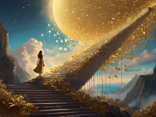 golden scale,fantasy picture,the mystical path,golden sun,golden rain,heavenly ladder,gold wall,fantasy landscape,stairway to heaven,golden crown,fantasy art,world digital painting,gold leaf,gold foil art,falling star,astral traveler,goldenlight,ascending,the pillar of light,winding steps,Conceptual Art,Fantasy,Fantasy 02