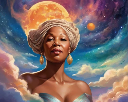 african american woman,mother earth,african woman,star mother,zodiac sign libra,black woman,celestial,fantasy portrait,divine healing energy,afro-american,ella fitzgerald,world digital painting,heliosphere,oil painting on canvas,afro american,andromeda,sky rose,radiance,digital painting,connectedness,Illustration,Realistic Fantasy,Realistic Fantasy 01