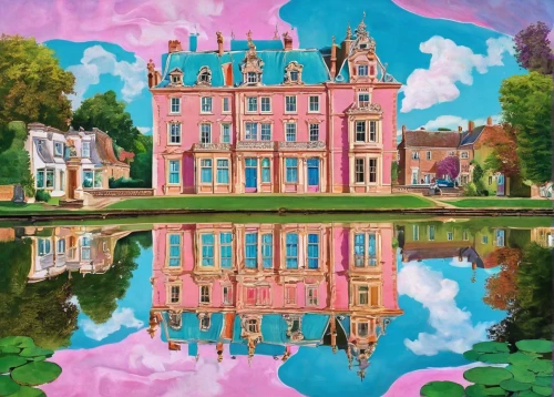 chateau,château,palace,moated castle,versailles,lilly pond,monbazillac castle,fairy tale castle,mansion,manor,doll's house,villa,house with lake,rococo,giverny,water castle,moated,baroque,blancmange,grand hotel,Conceptual Art,Fantasy,Fantasy 24