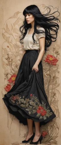 flamenco,girl in a long dress,fashion illustration,hoopskirt,oriental painting,whirling,chinese art,oriental girl,geisha girl,little girl in wind,mystical portrait of a girl,fashion vector,girl in a long,a girl in a dress,fabric painting,overskirt,gracefulness,dress walk black,boho art,oriental princess