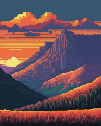 mountain sunrise,mountains,fire mountain,alpine sunset,pixel art,uluru,desert,mountain,dusk,giant mountains,autumn mountains,mountain plateau,mesa,high mountains,plains,mountain range,mountain world,desert landscape,mountain landscape,coast sunset,Unique,Pixel,Pixel 01