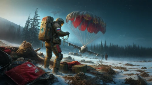 sci fiction illustration,north pole,paratrooper,fantasy picture,balloon trip,nordic christmas,winter festival,red balloon,travelers,hanging elves,santa claus with reindeer,game illustration,digital nomads,mountain paraglider,christmas caravan,fantasy art,christmas scene,ice fishing,mountain rescue,nomads