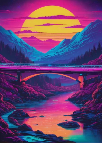 futuristic landscape,acid lake,neon arrows,dusk,retro background,80's design,bridge,scenic bridge,80s,dusk background,valley,evening lake,purple landscape,lagoon,extradosed bridge,highway,river landscape,alpine sunset,landscape background,mountain highway,Conceptual Art,Sci-Fi,Sci-Fi 27