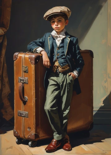 old suitcase,suitcase,bellboy,suitcase in field,shoeshine boy,child with a book,itinerant musician,child portrait,accordion player,leather suitcase,luggage,suitcases,traveller,baggage,steamer trunk,traveler,postman,a carpenter,luggage set,advertising figure,Conceptual Art,Fantasy,Fantasy 15