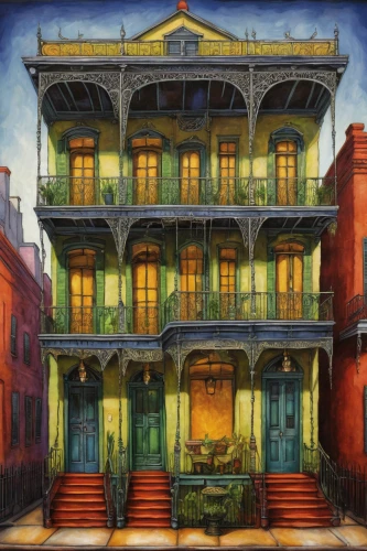 french quarters,new orleans,row houses,tenement,apartment house,balconies,townhouses,old town house,facade painting,brownstone,hanging houses,apartment building,house painting,galveston,doll's house,an apartment,houses clipart,fire escape,gas lamp,town house,Illustration,Abstract Fantasy,Abstract Fantasy 09