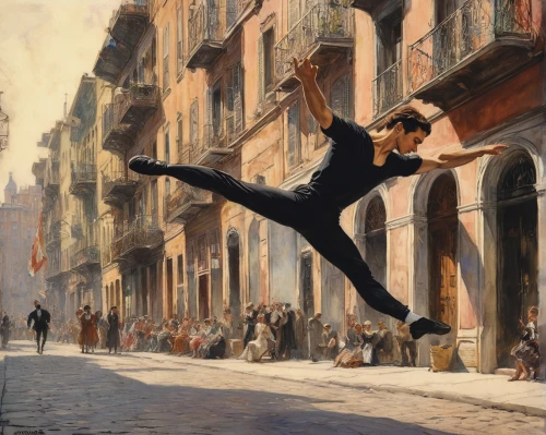 flip (acrobatic),ballet master,leaping,male ballet dancer,street dancer,leap for joy,street dance,italian painter,the pied piper of hamelin,flying girl,street performer,axel jump,modern dance,argentinian tango,acrobat,waltz,ballet dancer,leap,latin dance,taijiquan,Art,Classical Oil Painting,Classical Oil Painting 09