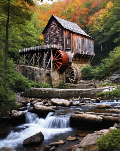 water mill,old mill,dutch mill,water wheel,covered bridge,gristmill,vermont,mill,log bridge,the cabin in the mountains,post mill,west virginia,great smoky mountains,wooden bridge,log home,flour mill,new england,log cabin,autumn idyll,fall landscape,Illustration,Paper based,Paper Based 02