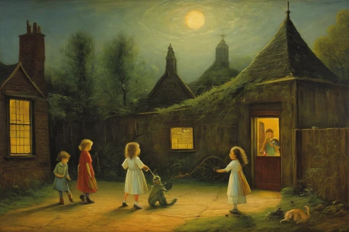 night scene,village scene,the little girl's room,dandelion hall,the girl in nightie,cottages,country cottage,cottage,children's fairy tale,carol colman,nativity,evening atmosphere,children playing,woman house,the threshold of the house,children studying,happy children playing in the forest,martin fisher,the pied piper of hamelin,francis barlow,Illustration,Abstract Fantasy,Abstract Fantasy 16
