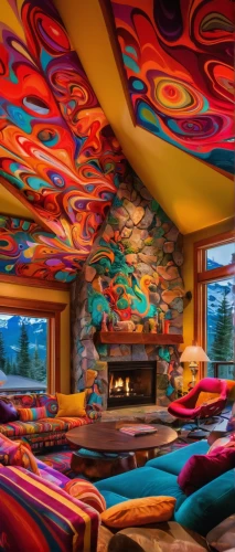 psychedelic art,ufo interior,great room,psychedelic,the living room of a photographer,interior design,the ceiling,sleeping room,chaise lounge,hallucinogenic,colorful glass,interior decoration,the cabin in the mountains,kaleidoscope art,coral swirl,hippie fabric,ornate room,colorful spiral,modern decor,interior decor,Conceptual Art,Oil color,Oil Color 23