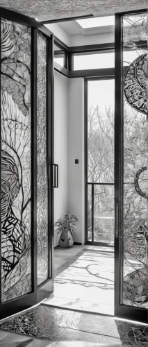 sliding door,leaded glass window,window film,revolving door,structural glass,metallic door,glass wall,glass panes,glass window,steel door,glass painting,hinged doors,glass pane,japanese-style room,frosted glass pane,room divider,garden door,transparent window,window curtain,window covering,Illustration,Black and White,Black and White 11