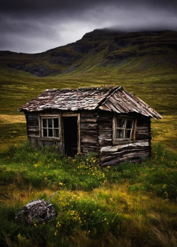 icelandic houses,lonely house,scottish highlands,eastern iceland,wooden hut,disused,derelict,abandoned house,abandoned,mountain hut,ancient house,old house,home landscape,dilapidated,log cabin,old home,abandoned place,small cabin,little house,log home,Conceptual Art,Fantasy,Fantasy 15