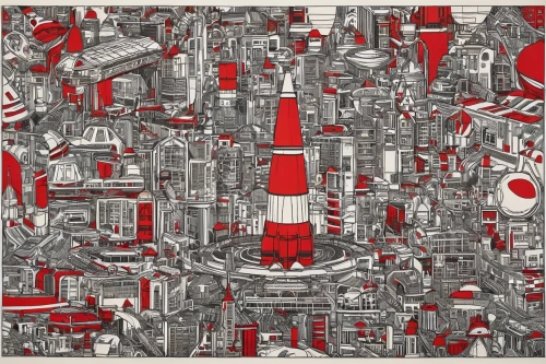 red lighthouse,spark plug,industrial landscape,metropolis,wrapping paper,traffic cones,refinery,atomic age,electric lighthouse,drillship,industrial tubes,industries,lightship,lava lamp,bottleneck,seamless pattern,cola bottles,industry,cylinders,percolator,Illustration,Vector,Vector 20